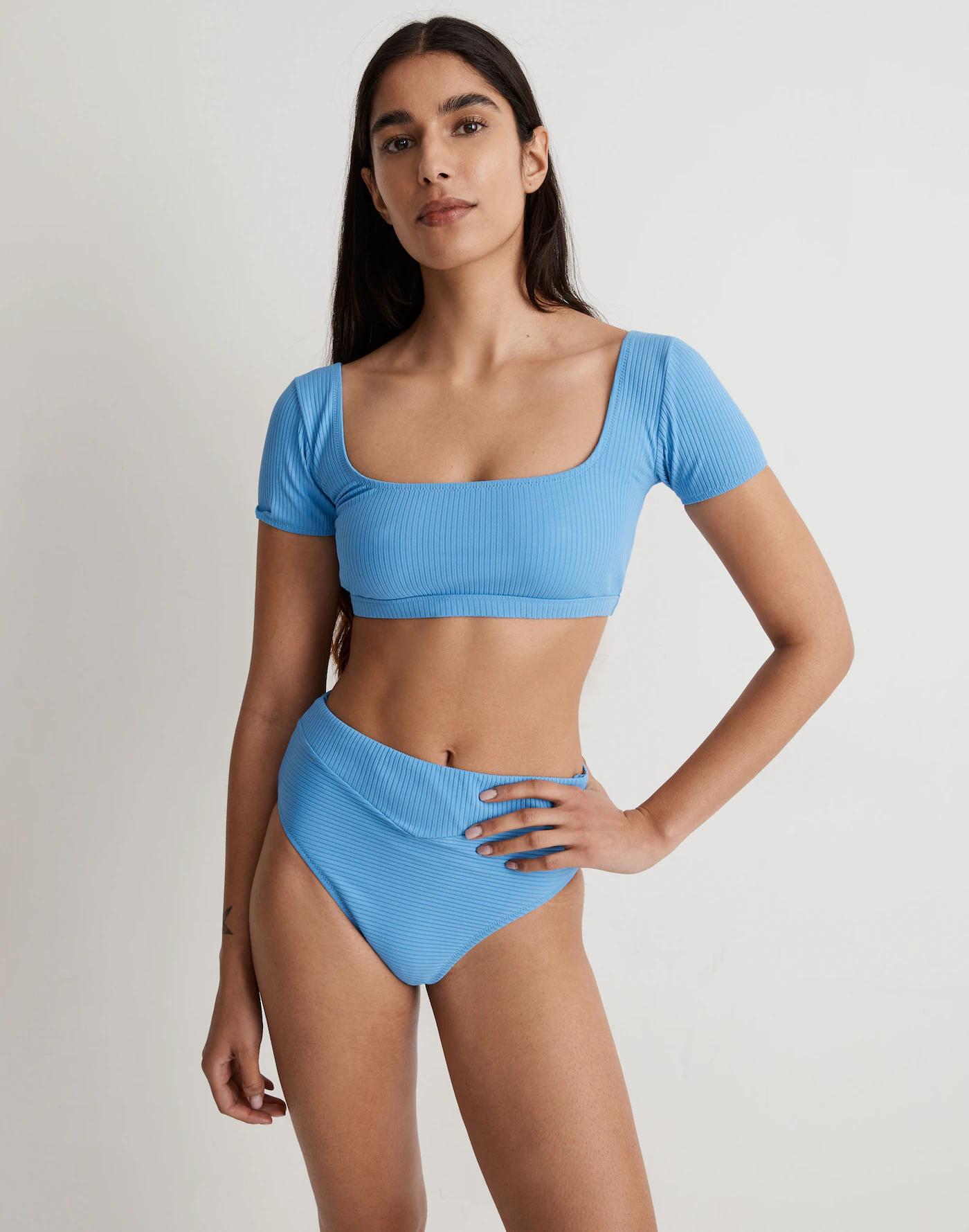 Ribbed Square-Neck Longline Bikini Top Product Image