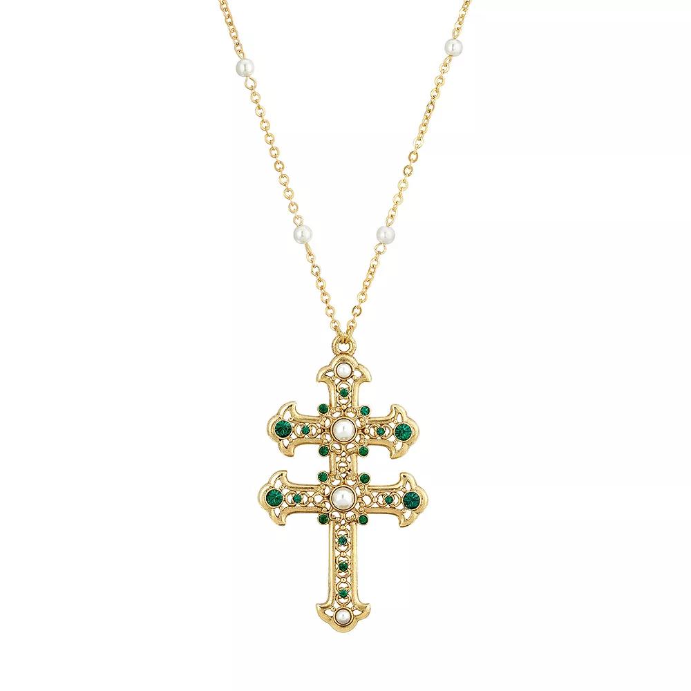 1928 Gold Tone Simulated Pearl & Simulated Crystal Double Cross Pendant Necklace, Womens, Green Product Image