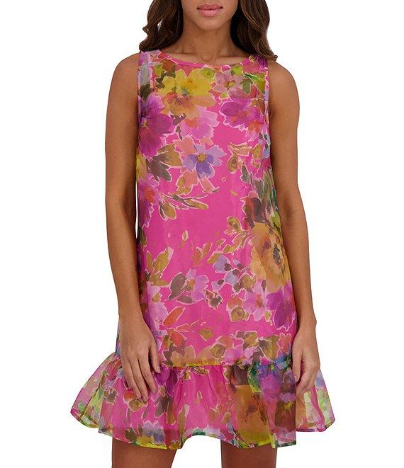 Kensie Organza Floral Print Crew Neck Sleeveless Shift Mini Dress Product Image