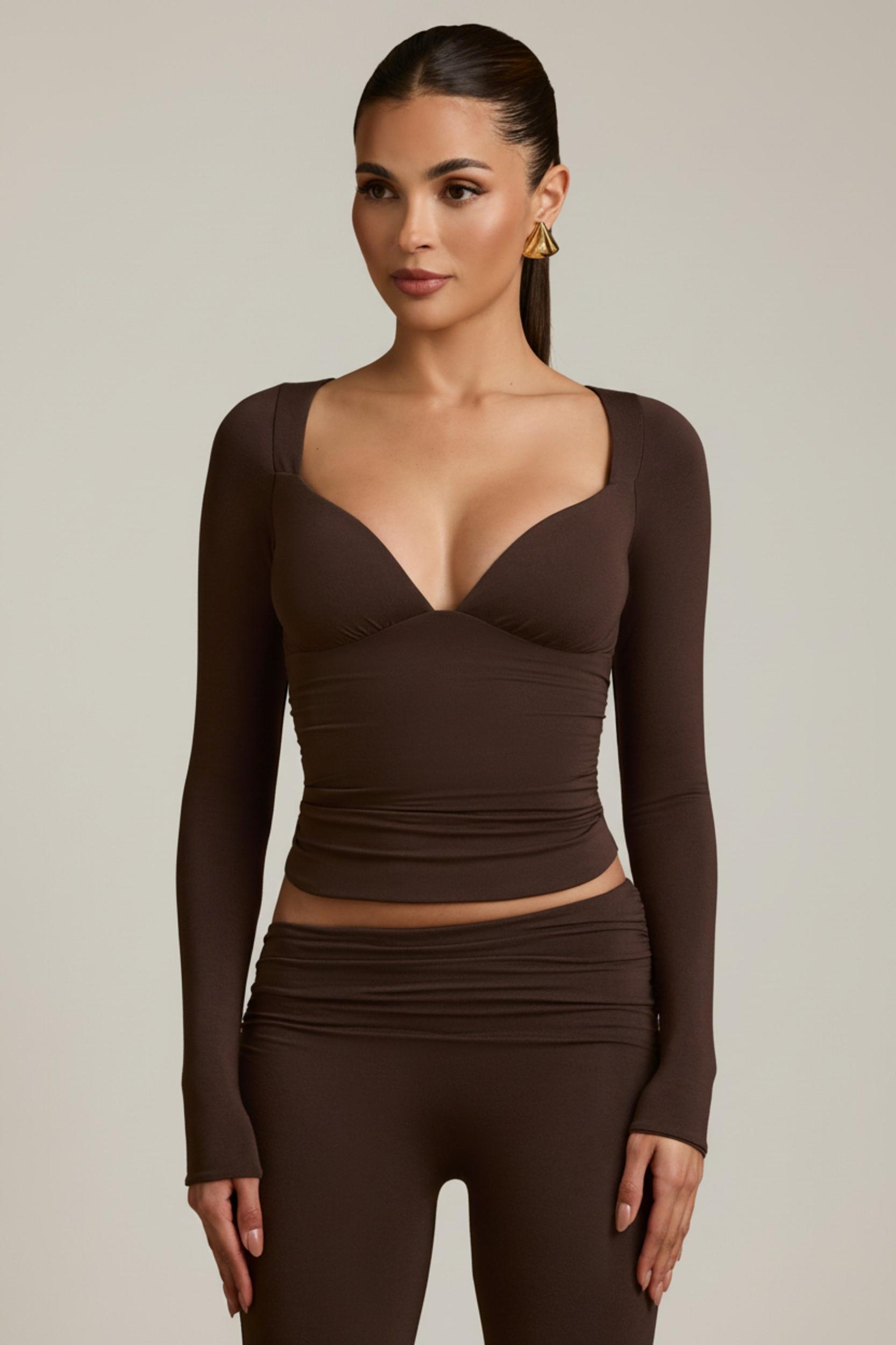 Modal Ruched Long-Sleeve Top in Chocolate Brown Product Image