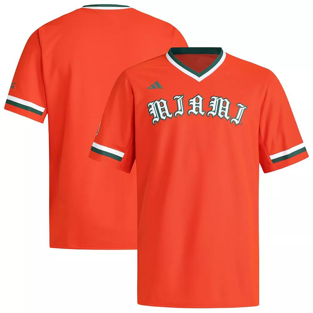 Men's adidas Orange Miami Hurricanes V-Neck Baseball Jersey,  Product Image