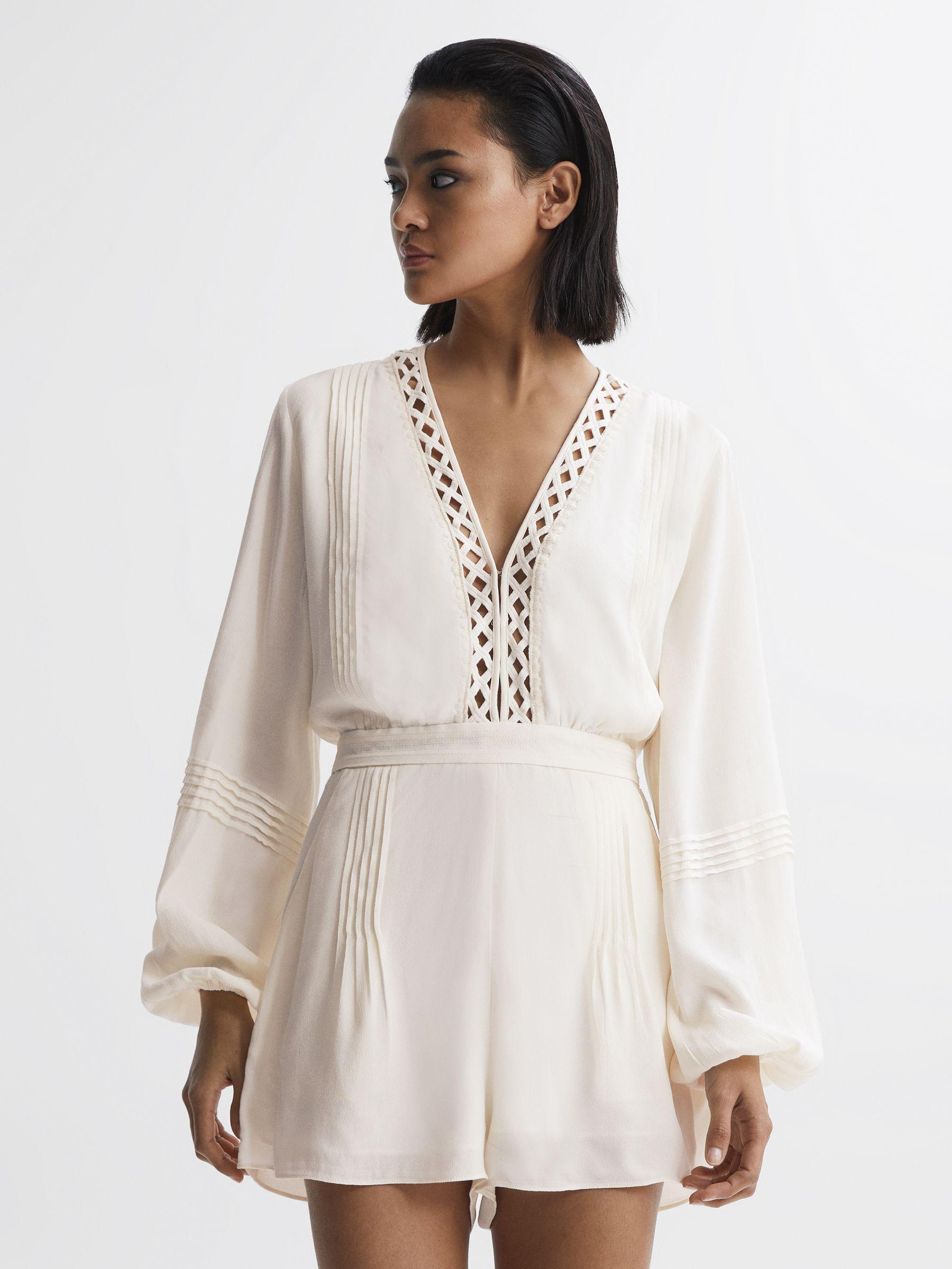 Long Sleeve Lattice Playsuit in Cream Product Image