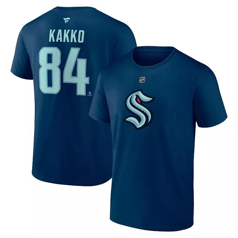 Men's Fanatics Kaapo Kakko Deep Sea Blue Seattle Kraken Authentic Stack Name & Number T-Shirt,  Product Image