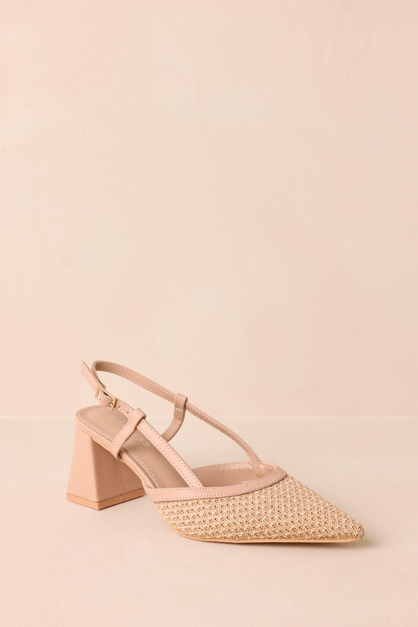 Keeping It Real Beige Woven Pointed-Toe Slingback Heels Product Image