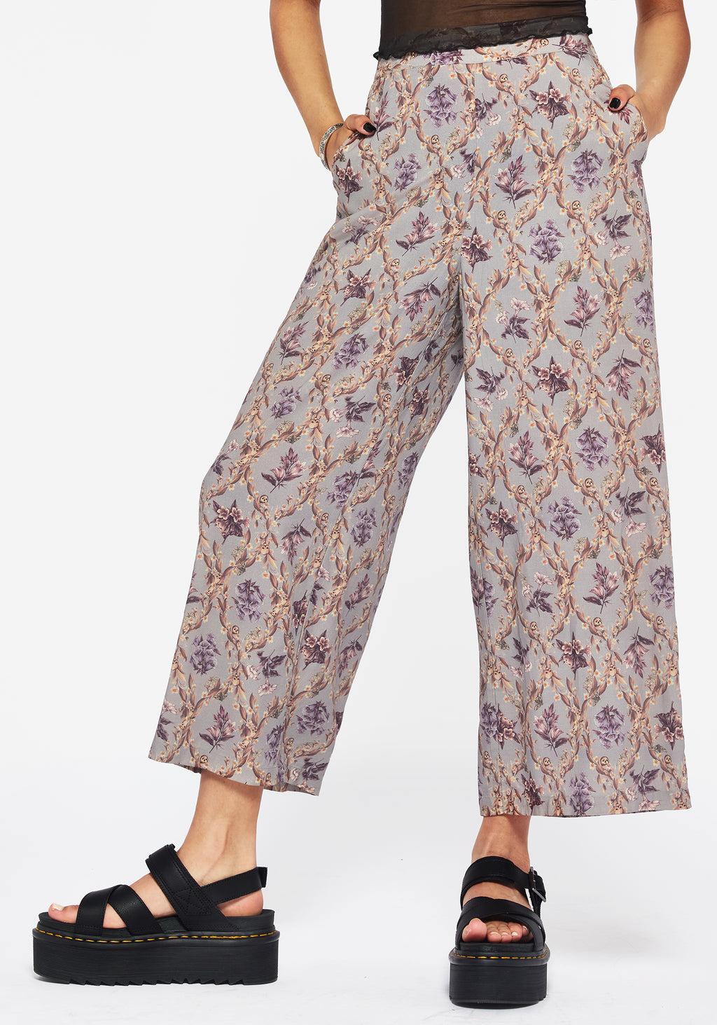 Blossom Floral Tile Printed Wide Leg Culotte Trousers Product Image