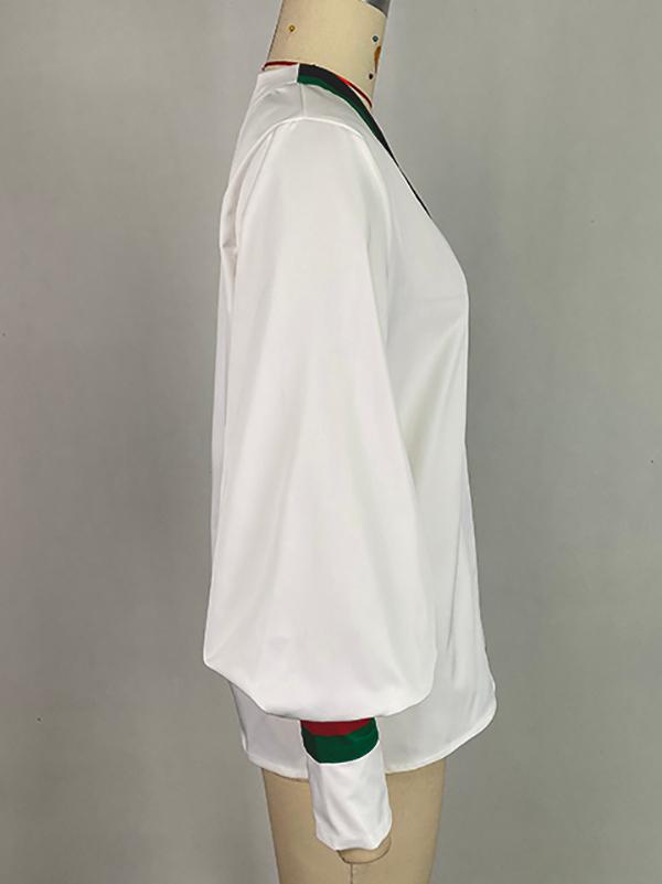 Long Sleeves Loose Contrast Color Pleated V-Neck Blouses&Shirts Tops Product Image