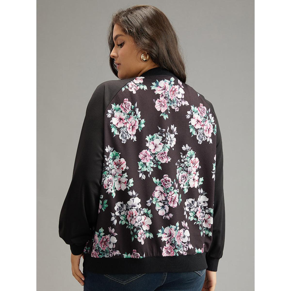 Plus Size Floral Patchwork Zipper Pocket Jacket Women BlackFlower Elastic cuffs Pocket Everyday Jackets BloomChic 10/M Product Image
