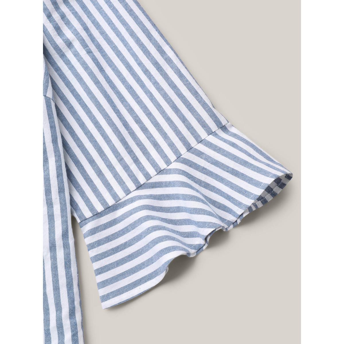 Plus Size Stone Striped Split Neck Flared Sleeve Shirt Women At the Office Elbow-length sleeve Notched collar Work Blouses BloomChic 18-20/2X Product Image