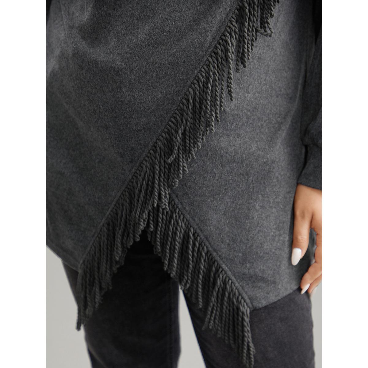 Plus Size Cowl Neck Tassels Button Detail Wrap Sweatshirt Women DimGray Elegant Wrap Cowl Neck Everyday Sweatshirts BloomChic 14-16/1X Product Image