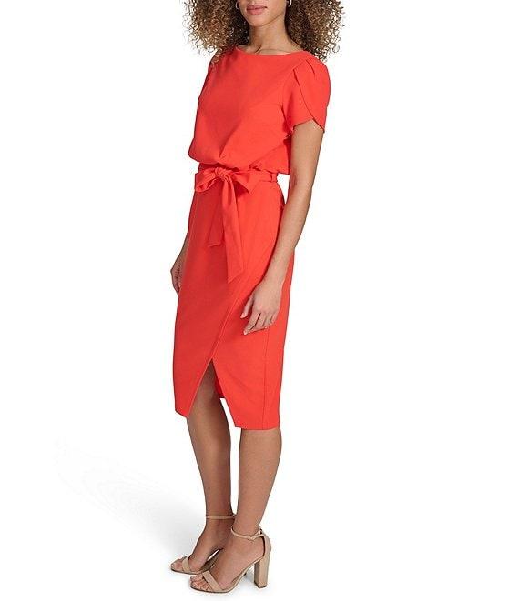 Kensie Scuba Crepe Boat Neck Short Sleeve Tie Waist Wrap Blouson Midi Dress Product Image
