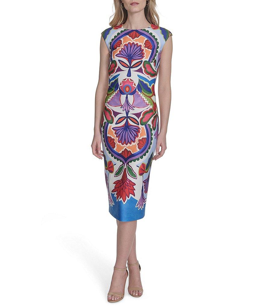 Vince Camuto Printed Boat Neck Cap Sleeve Midi Bodycon Dress Product Image