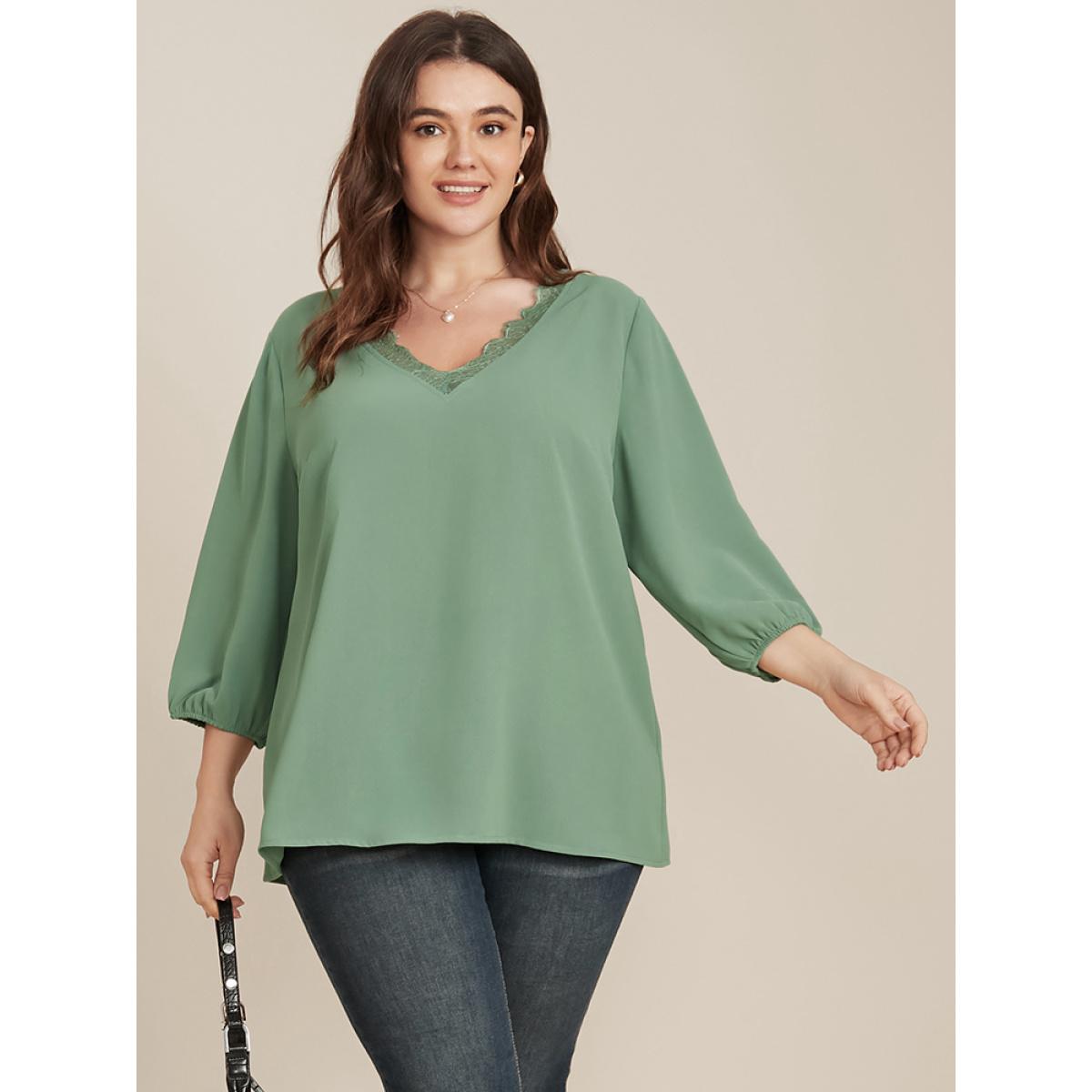 Plus Size Emerald Solid Lantern Sleeve Lace Trim V Neck Blouse Women Elegant Elbow-length sleeve V-neck Dailywear Blouses BloomChic 12/L Product Image