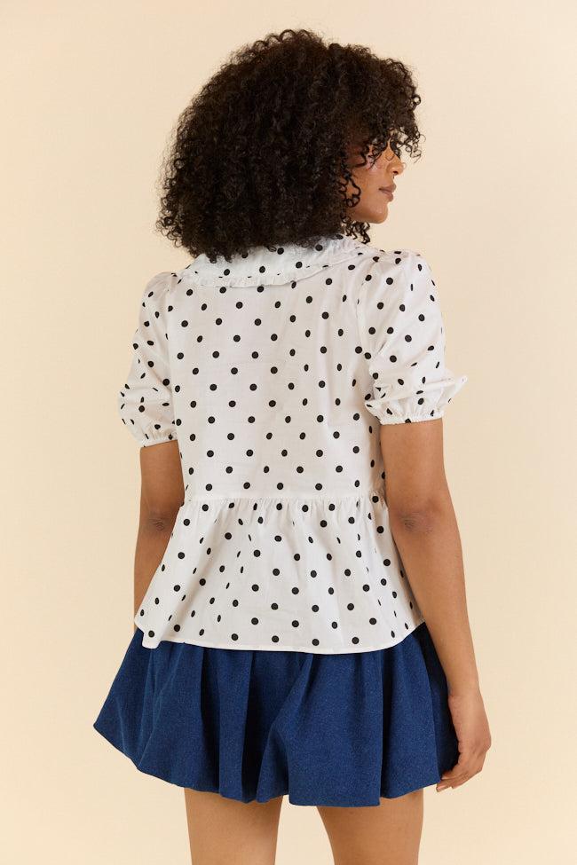 Not A Fantasy Ivory and Black Peter Pan Collar Polka Dot Blouse SALE Product Image