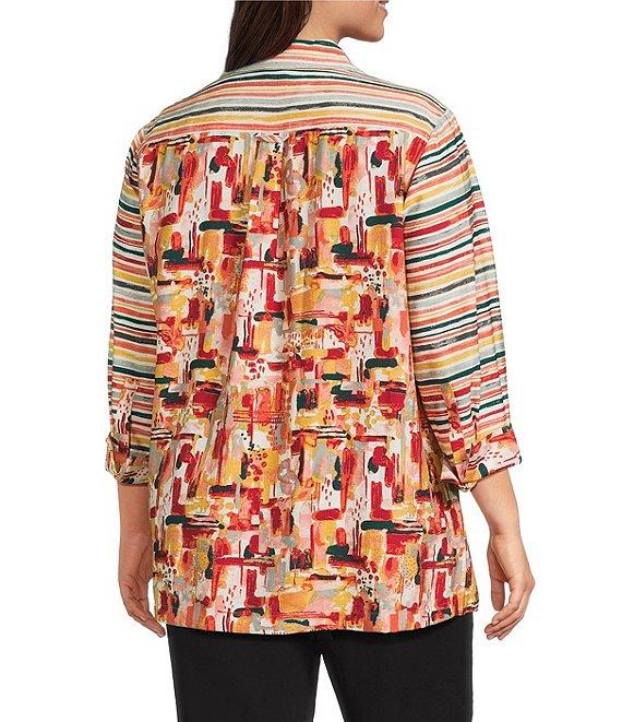 Multiples Plus Size Woven Multi Print Point Collar 3/4 Sleeve Button Front Fitted Shirt Product Image
