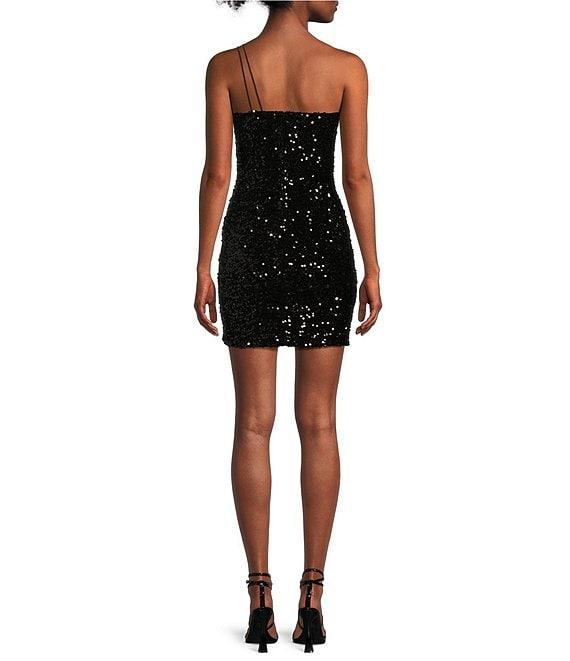 Midnight Doll Sequin One Shoulder Feather Trim Bodycon Dress Product Image