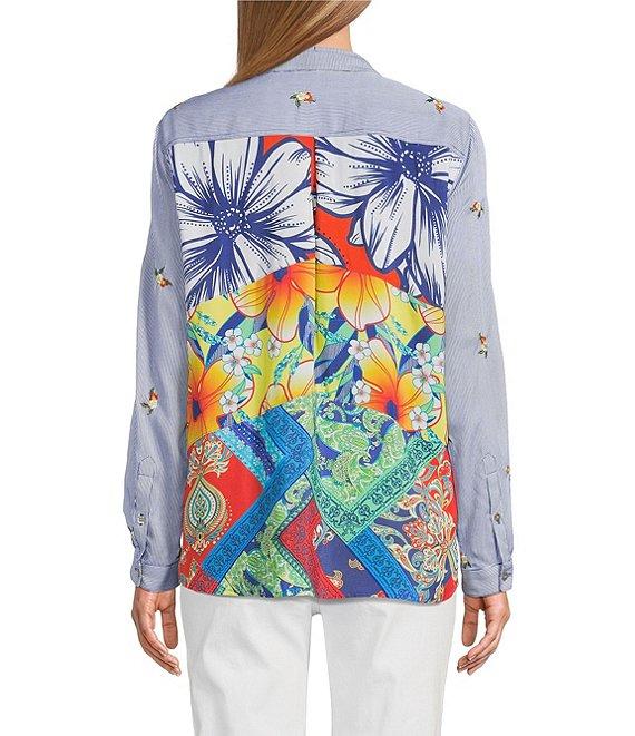 John Mark Embroidered Yarn-Dye Stripe Wire Collar Long Roll-Tab Sleeve Button Front Shirt Product Image