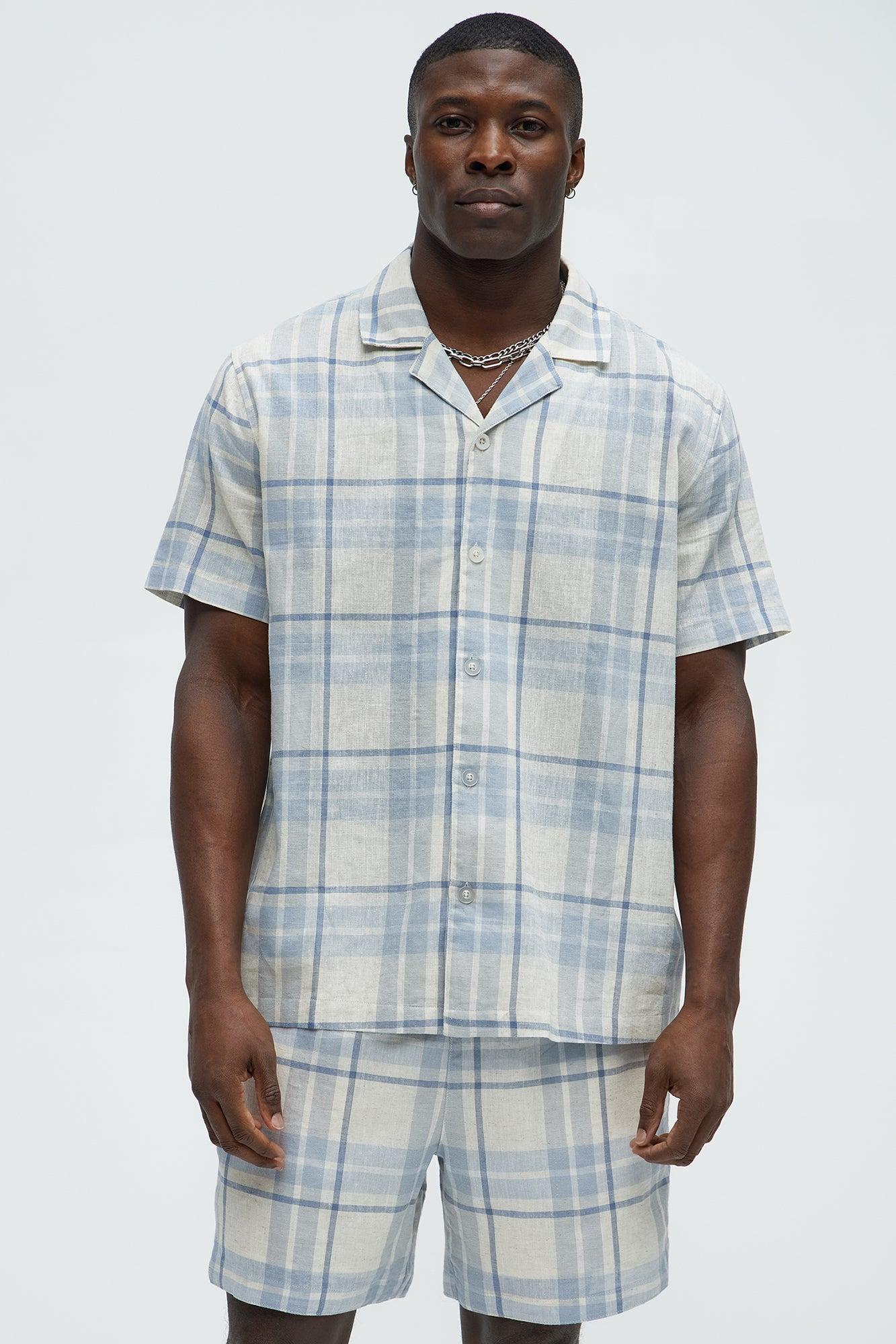 Breezy Cotton Plaid Short Sleeve Button Up - Blue/combo Product Image