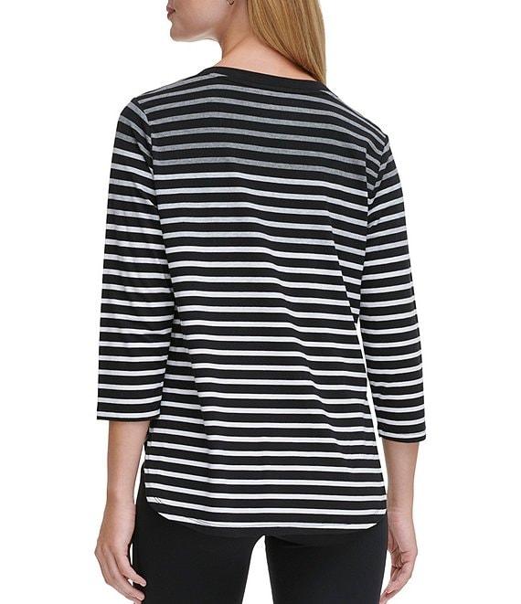 DKNY Sport by Donna Karan Stretch Stripe Jersey Knit V-Neck 3/4 Sleeve Tee Product Image