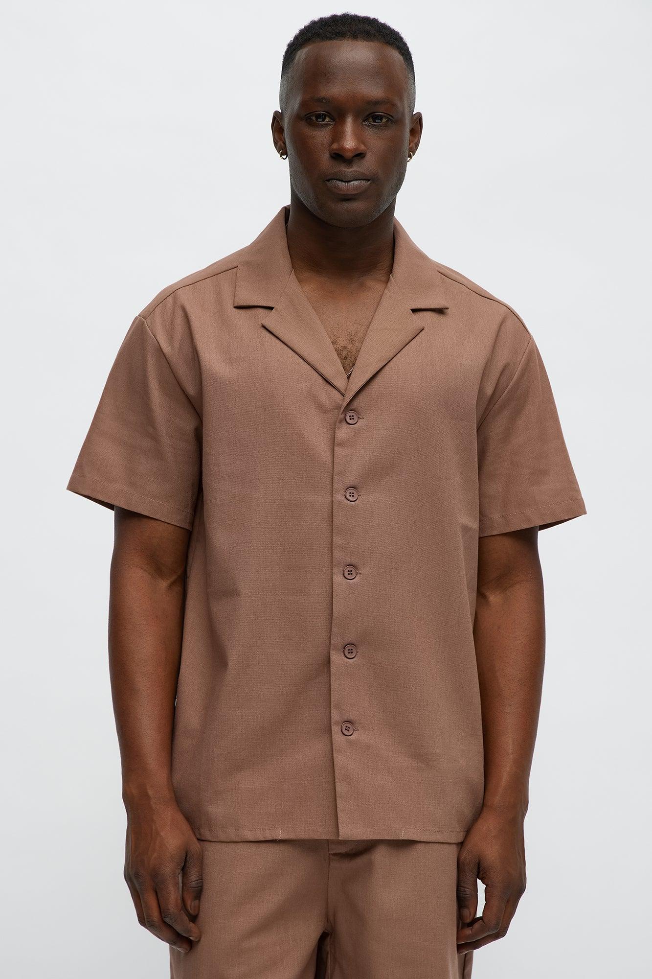 Chai Linen Like Cuban Collar Button Up Shirt - Brown Male Product Image