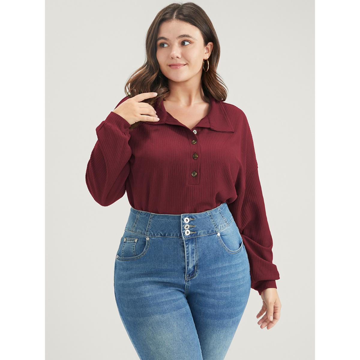 Plus Size Solid Half Button Drop Shoulder Rib Knit Sweatshirt Women Burgundy Casual Button Lapel Collar Dailywear Sweatshirts BloomChic 10/M Product Image