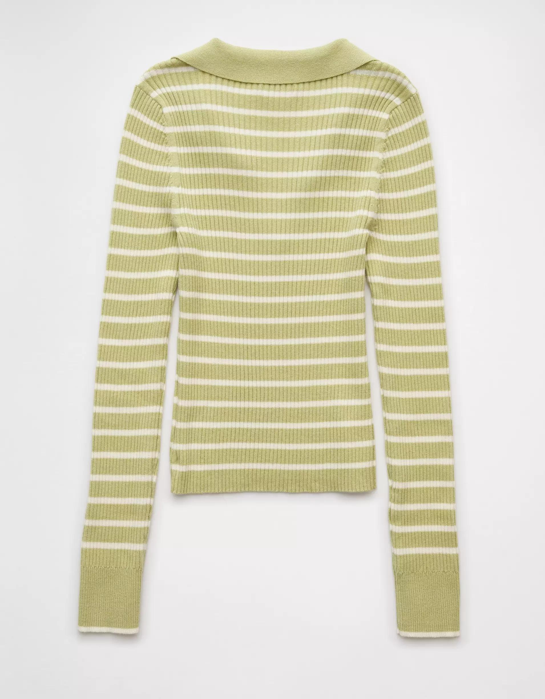 AE Long-Sleeve Striped Collared Polo Sweater Product Image