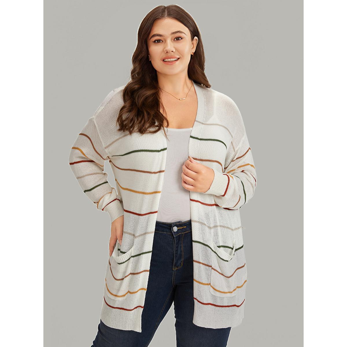 Plus Size UltraCool Rainbow Striped Open Front Pocket Cardigan Ivory Women Casual Loose Long Sleeve Dailywear Cardigans BloomChic 18-20/2X Product Image
