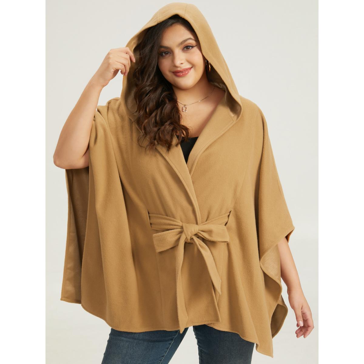 Plus Size Solid Hooded Belted Batwing Sleeve Jacket Women Chocolate Casual Plain Ladies Dailywear Winter Coats BloomChic 22-24/3X Product Image