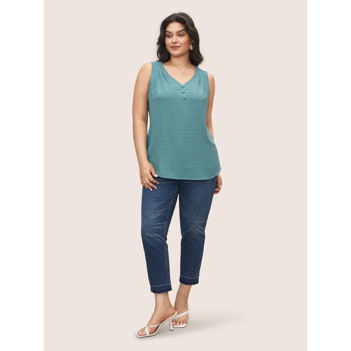 Plus Size Jacquard Pleated Button Detail Tank Top Women Teal Casual Texture V-neck Everyday Tank Tops Camis BloomChic 10/M Product Image