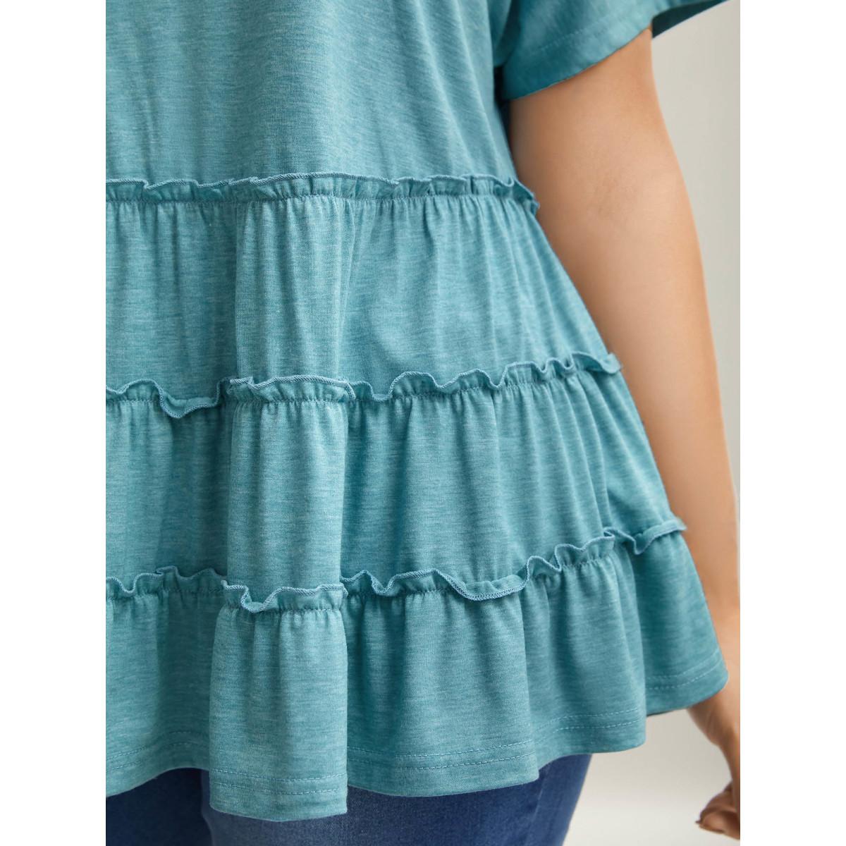 Plus Size Tiered Petal Trim Crew Neck T-Shirt Stone Women Leisure Gathered Round Neck Casual T-shirts BloomChic 18-20/2X Product Image