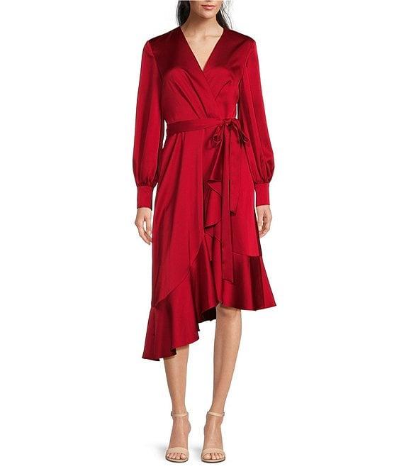 Alex Marie Lilac Satin V-Neck Long Blouson Sleeve Tie at Waist Wrap Asymmetrical Flounce Midi Dress Product Image