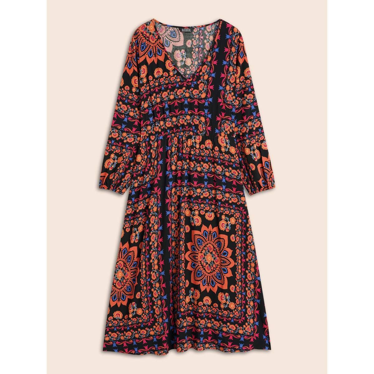 Plus Size Bandana Lantern Sleeve Midi Dress Black Women Resort Gathered V-neck Long Sleeve Curvy BloomChic 28/5X Product Image