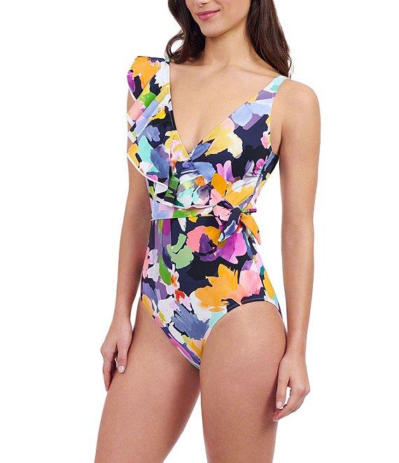 Profile by Gottex Holi Abstract Floral Print Ruffle Surplice V-Neck Tummy Control One-Piece Swimsuit Product Image
