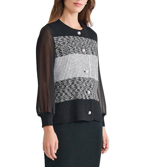 Ming Wang Mixed Media Colorblock Knit Round Neck Sheer Long Sleeve Jacket Product Image
