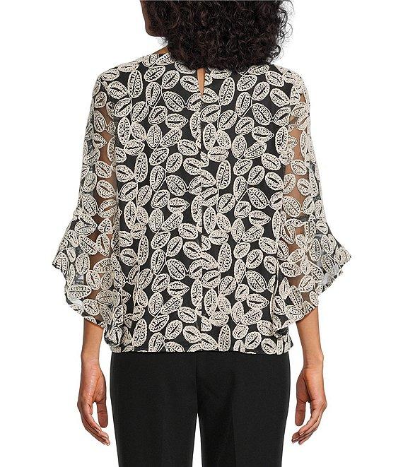 Kasper Embroidered Boat Neck 3/4 Ruffle Sleeve Blouse Product Image