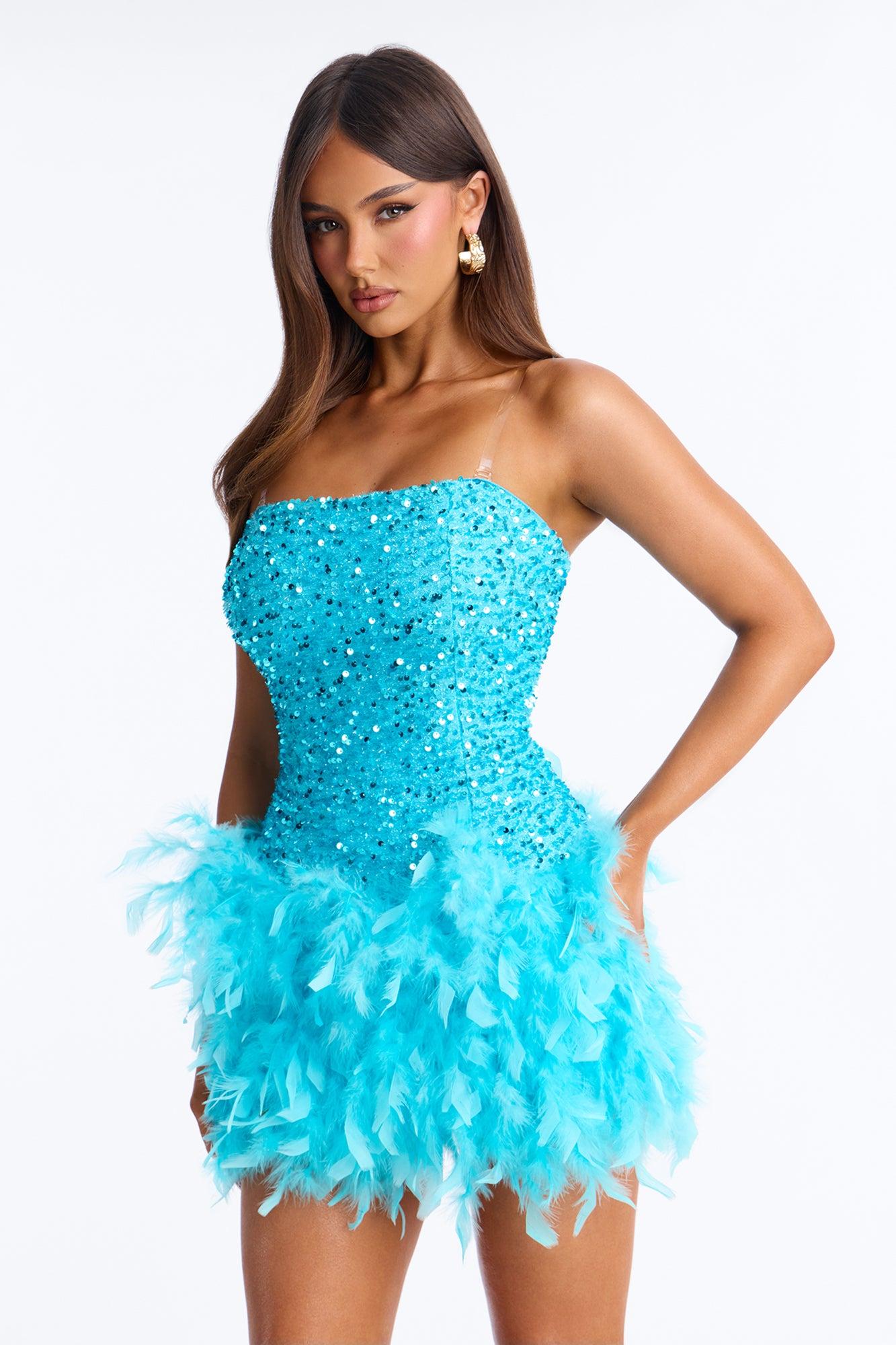 Zoey Feathered Sequin Mini Dress - Turquoise Female Product Image