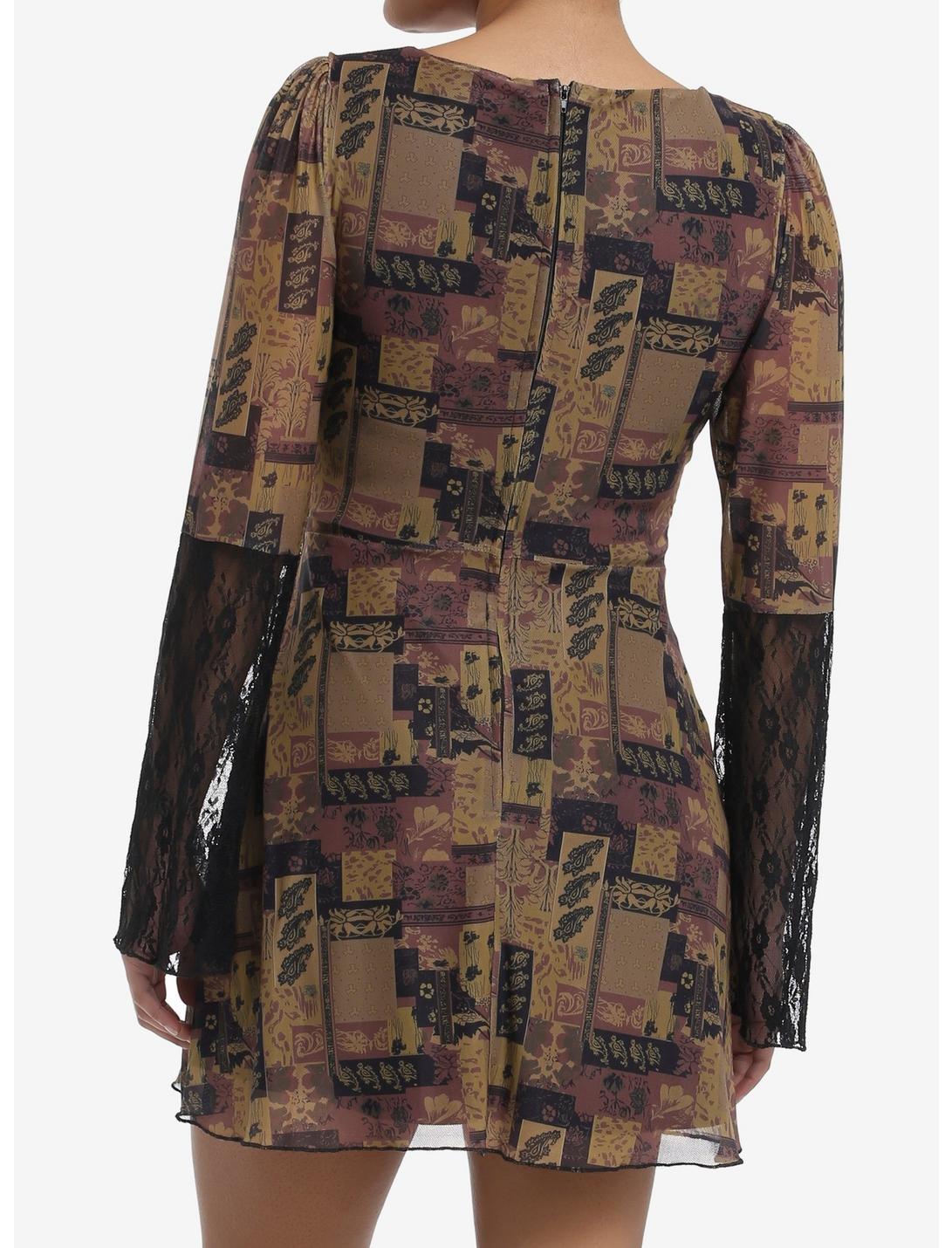 Brown Paisley Patchwork Bell Sleeve Dress Product Image