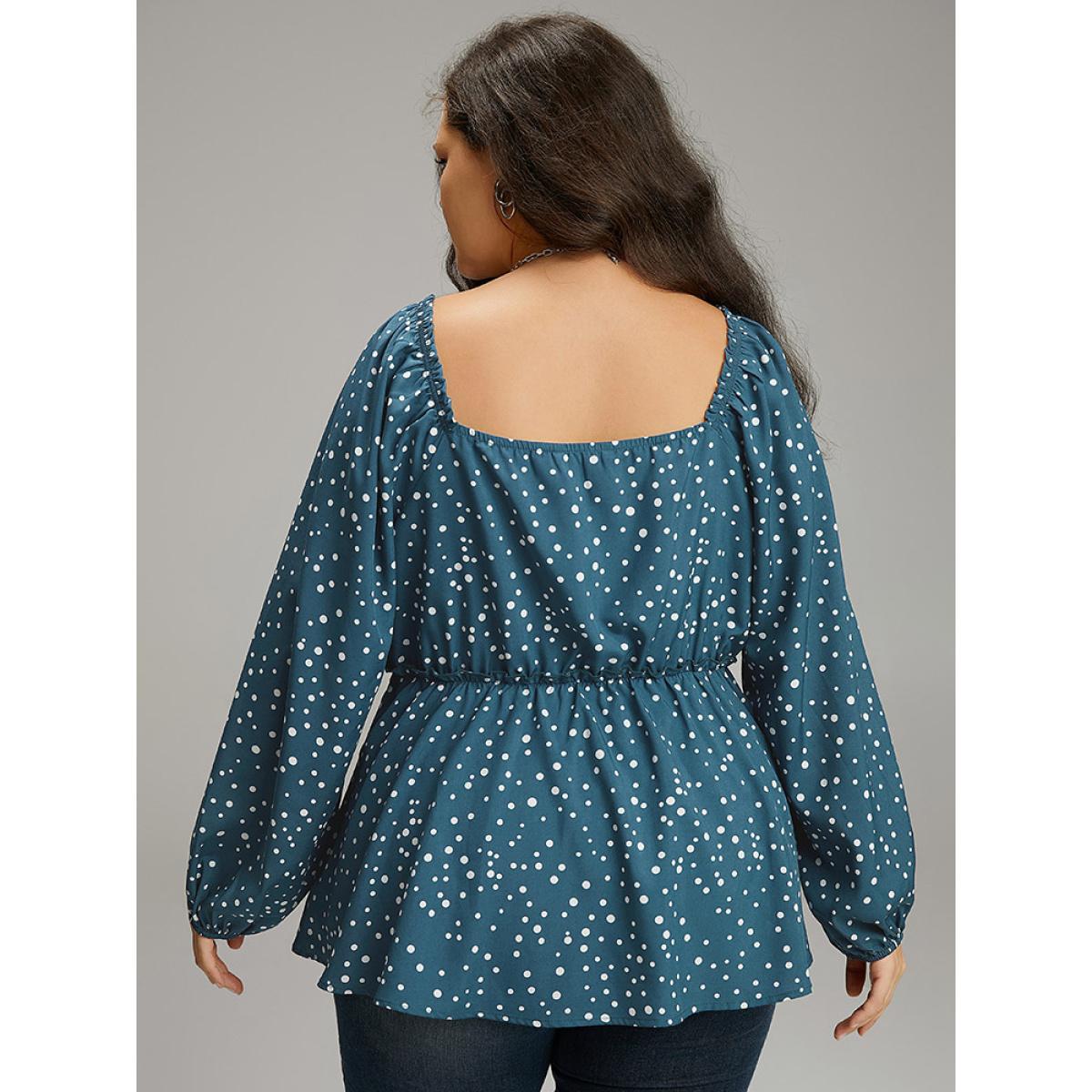 Plus Size Aegean Polka Dot Square Neck Gathered Blouse Women Elegant Long Sleeve Square Neck Everyday Blouses BloomChic 30/6X Product Image