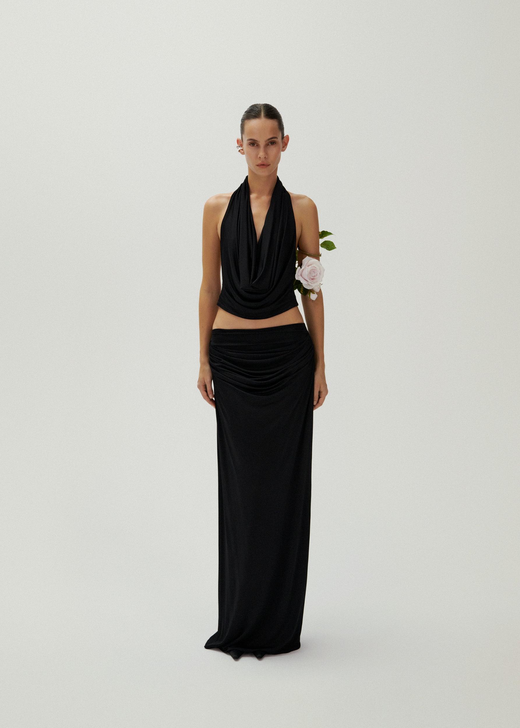 Draped low waist midi skirt in black Product Image