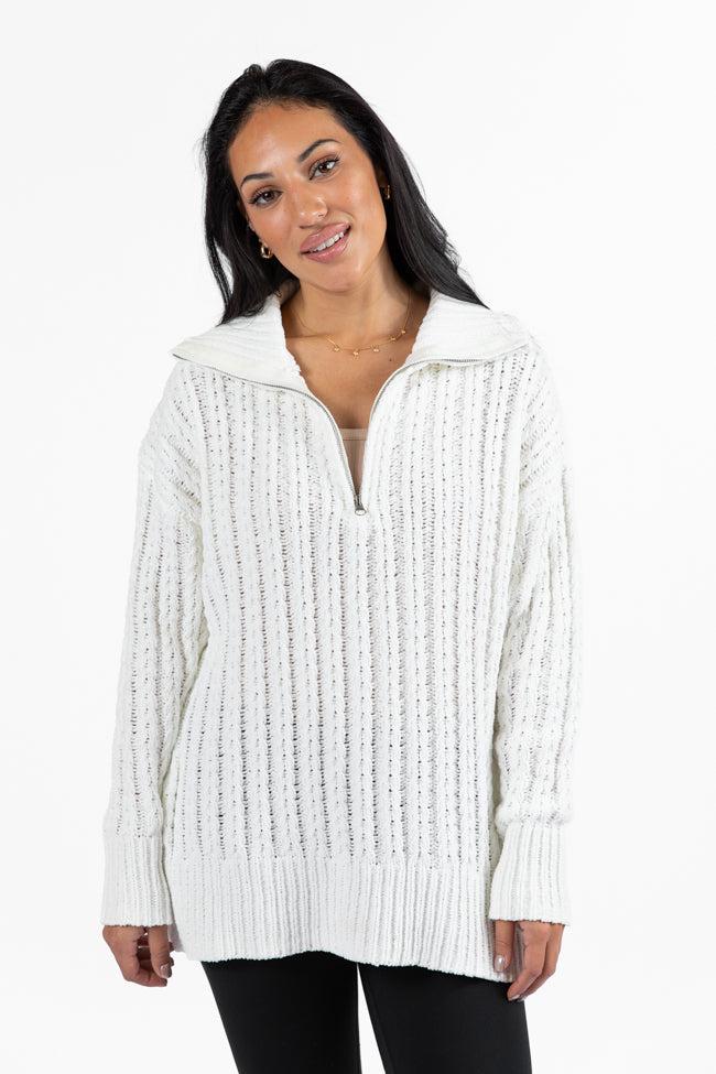 Forever Yours White Cable Knit Chenille Quarter Zip Sweater FINAL SALE Product Image