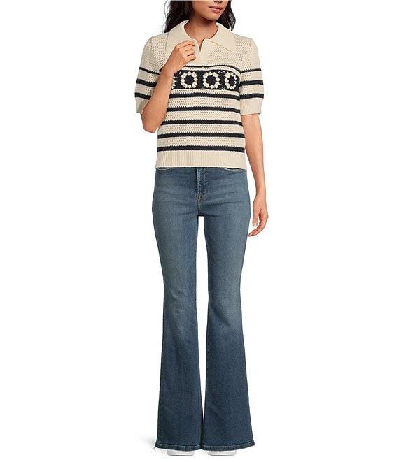 Skies Are Blue Crochet Stripe Split V-Neck Collared Short Sleeve Top Product Image