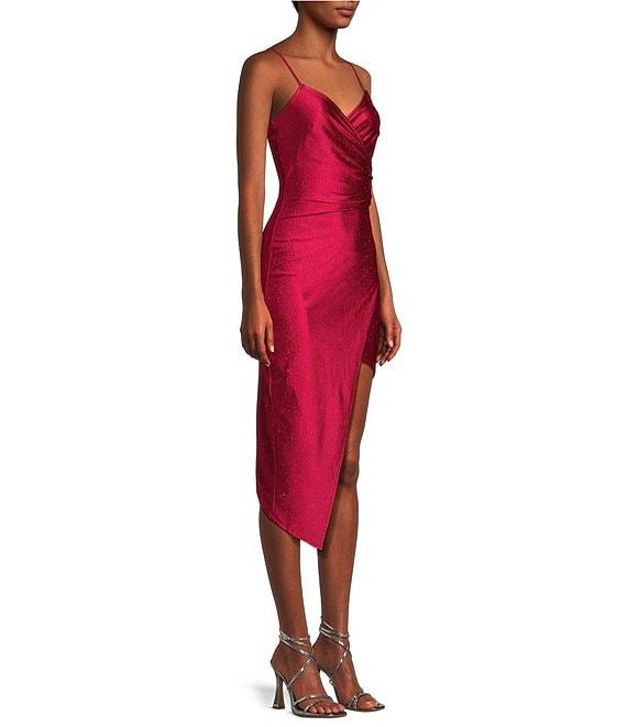 Honey and Rosie Spaghetti Strap Asymmetrical Hem Faux-Wrap Shimmery Stretch Satin Dress Product Image