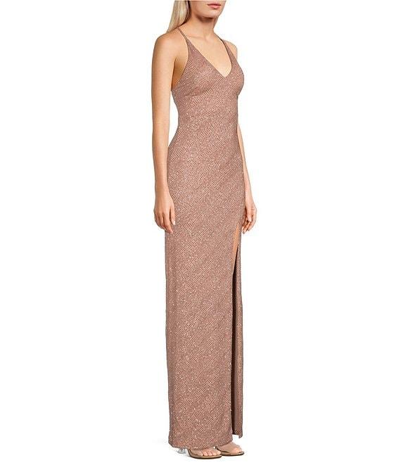 Pear Culture Spaghetti Strap V-Neck Glitter Dress Product Image