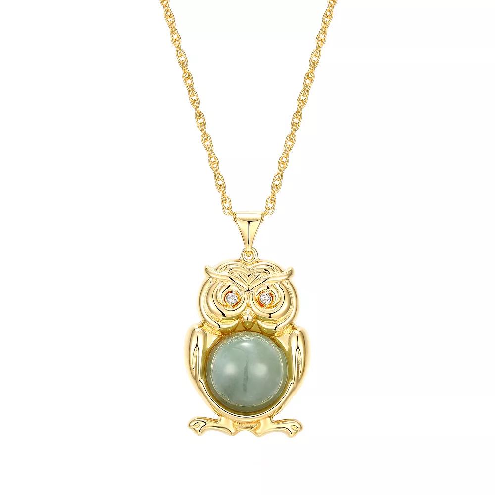 Dynasty Jade 18K Gold over Sterling Silver Genuine Jade & Diamond Accent Owl Pendant Necklace, Women's, Size: 18-20" ADJ, Gold Tone Product Image