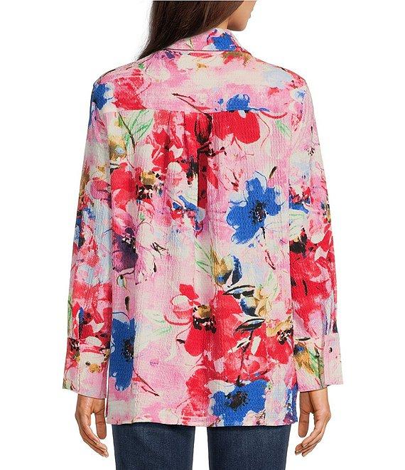 Calessa Antique Floral Print Textured Crinkle Point Collar Long Sleeve Button Front Tunic Product Image