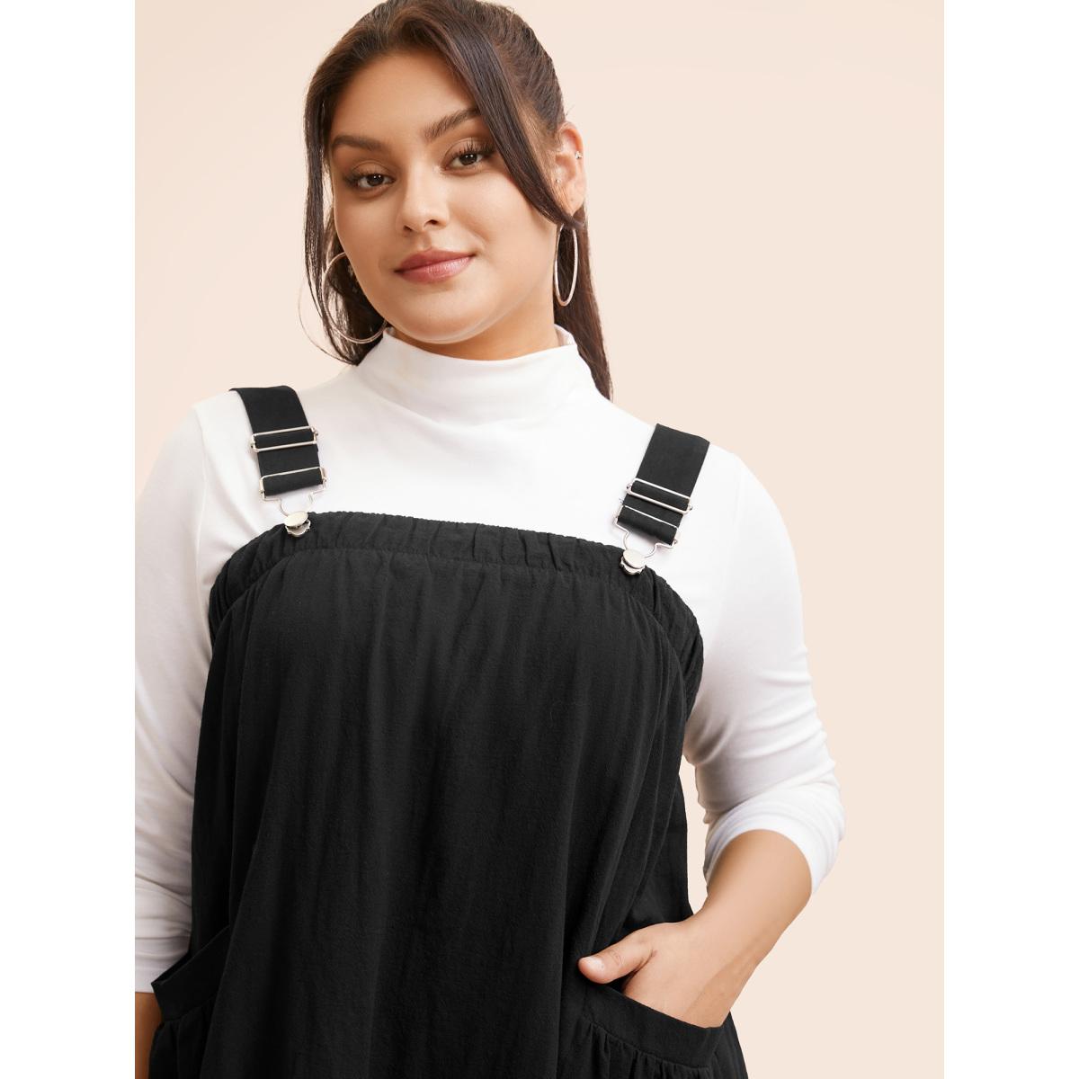 Plus Size Solid Gathered Adjustable Straps Overall Dress Black Women Casual Non Non Sleeveless Curvy BloomChic 30/6X Product Image