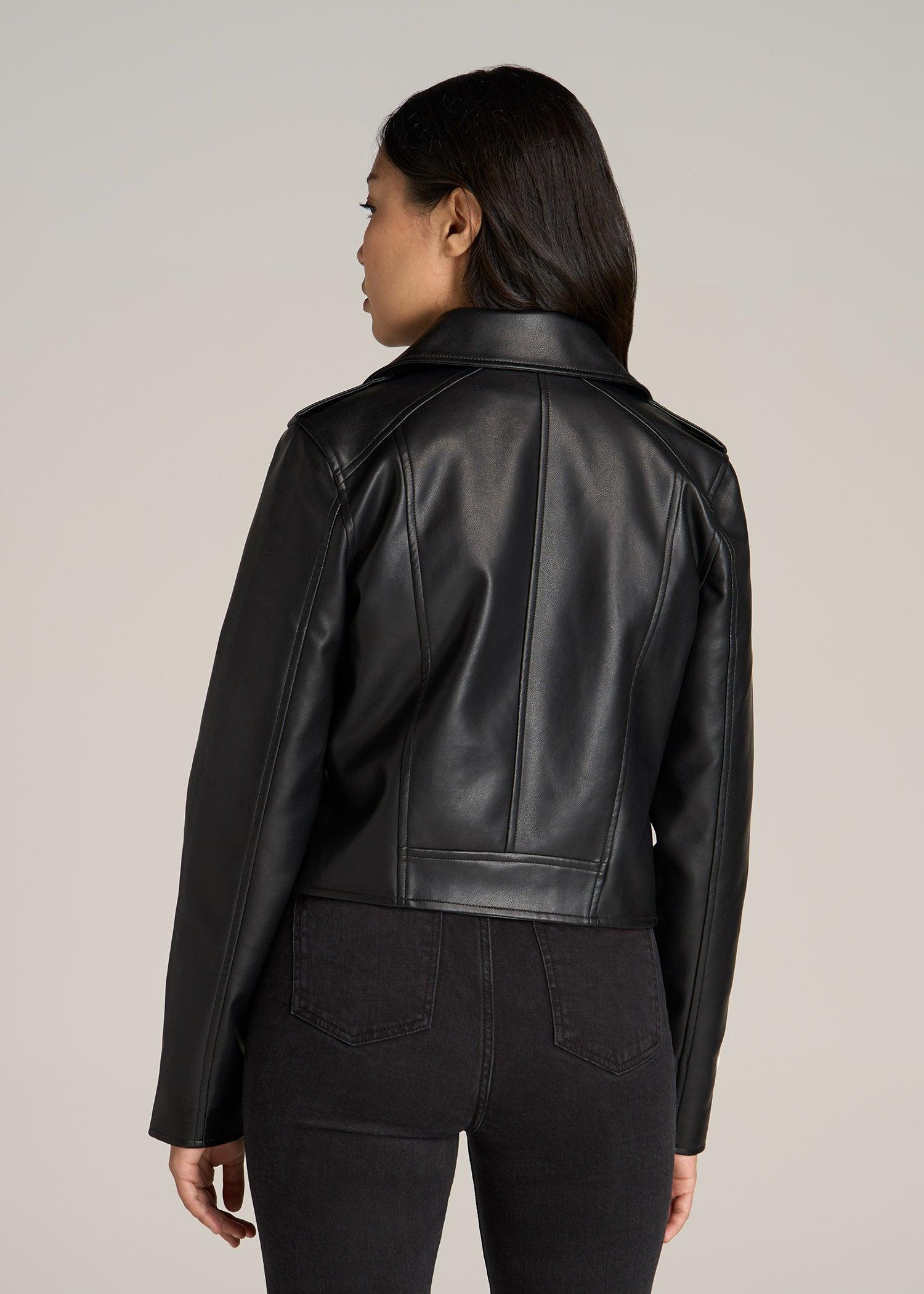 Cropped True Touch Leather Moto Jacket for Tall Women in Black Female Product Image