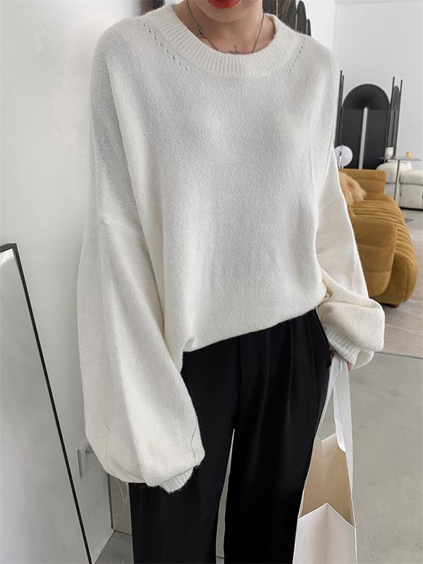 Stretch Mohair-Blend Balloon Sleeves Loose Solid Round-Neck Sweater Tops Product Image