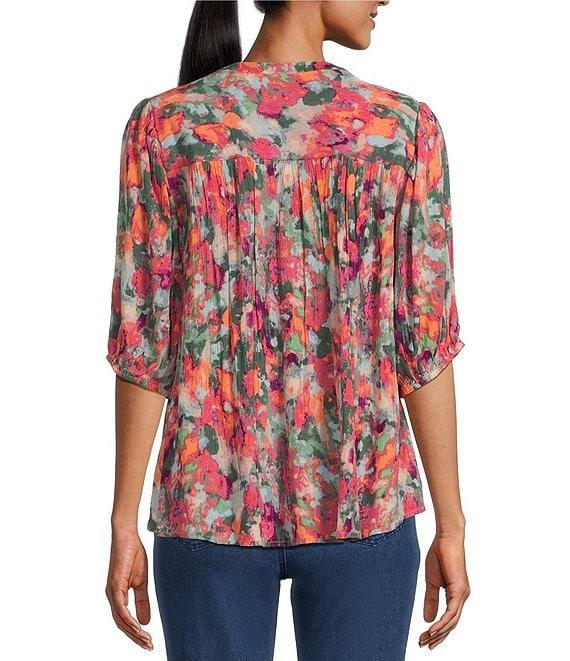 Intro Crinkle Gauze Brushstroke Print Crew Neck Elbow Sleeve Smocked Detail Button Front Blouse Product Image