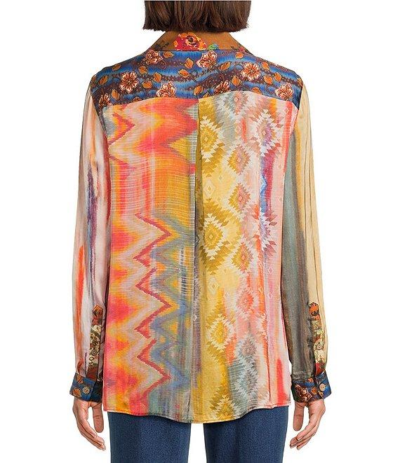 John Mark Petite Size Mixed Multi Print Point Collar Long Roll-Tab Sleeves Button Front Tunic Product Image