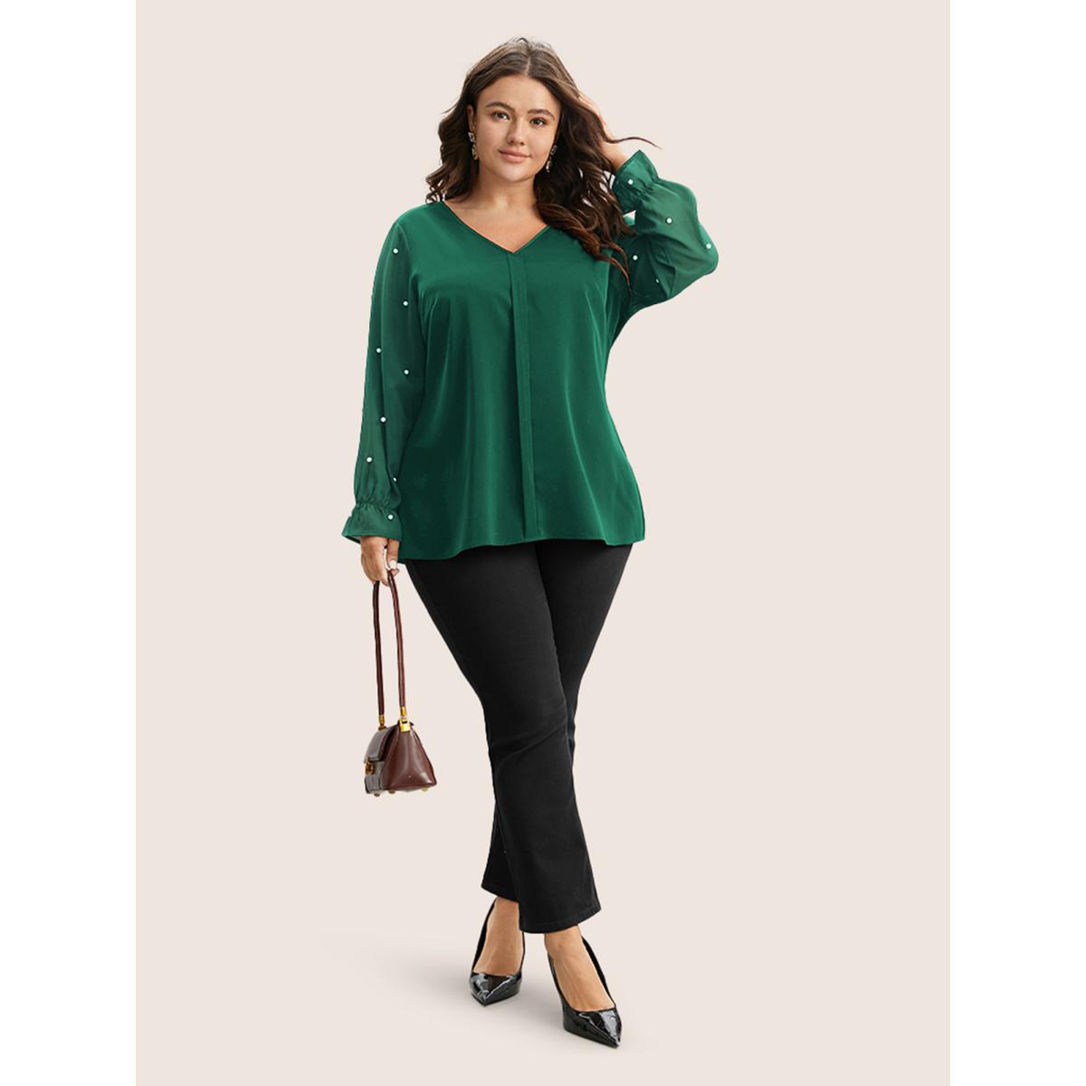 Plus Size DarkGreen Pearl Beaded Mesh Patchwork Ruffles Blouse Women Timeless Long Sleeve V-neck Elegant Blouses BloomChic 10/M Product Image